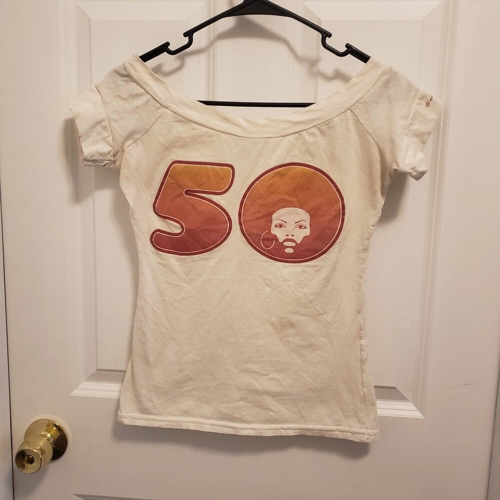 Vintage G-Unit branded White Off the Shoulder Stylized Portrait an Afro #A53PJ